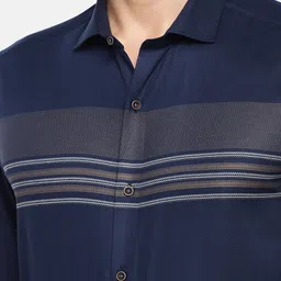 Turtle Men Navy Blue Relaxed Slim Fit Striped Formal Shirt image 2