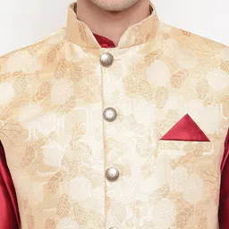 Aj DEZInES Men Red & Beige Layered Straight Jacquard Kurta with Pyjamas & Nehru Jacket image 5