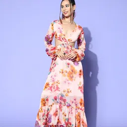 Berrylush Pink Floral Chiffon A-Line Maxi Dress image 4