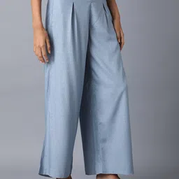 W Women Blue Printed Denim Parallel Pants image 3