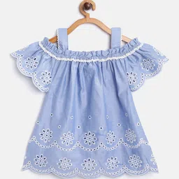Cherry Crumble Girls Blue & White Schiffli Embroidered A-Line Cotton Top image 4