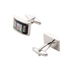 The Tie Hub Silver-Toned & Black Curved Rectanguler Cufflink image 2