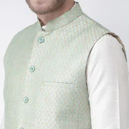 Deyann Men Mint Green Woven Design Nehru Jacket image 4