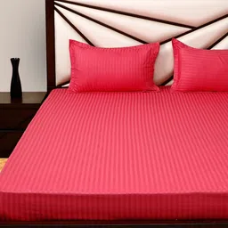 HOSTA HOMES Red Striped 200 TC Cotton 1 King Bedsheet with 2 Pillow Covers image 3