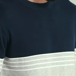 Roadster Men Navy Blue & Grey Colourblocked Pullover image 3