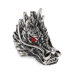 OOMPH Men Silver-Plated Red Stone-Studded Vintage Gothic Dragon Head Finger Ring-picture-44
