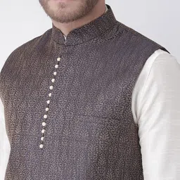 DEYANN Navy Blue Woven Design Nehru Jacket image 5