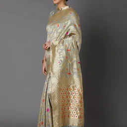 Mitera Grey & Gold-Coloured Silk Blend Woven Design Kanjeevaram Saree image 2