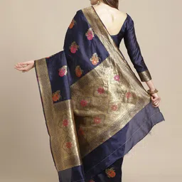 Saree mall Navy Blue & Red Floral Zari Silk Blend Sarees image 3