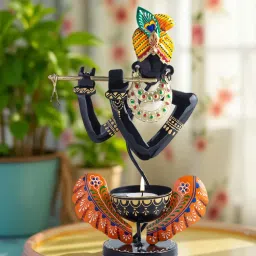 Golden Peacock Black Krishna Shaped Candle Holder-picture-14