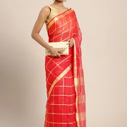Leeza Store Red Checked Zari Kota Saree image 2