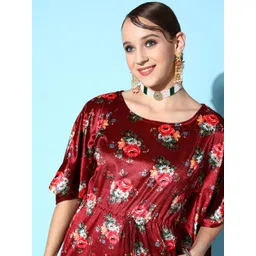 Shae by SASSAFRAS Maroon & Olive Green Floral Print Velvet Ethnic Kaftan Dress image 2