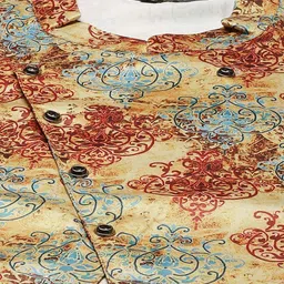 SOJANYA Men Maroon & Mustard Yellow Solid Kurta with Churidar & Ethnic Printed Jacket image 3