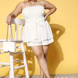 Berrylush Curve White Belted Shirred Tube Playsuit-picture-7