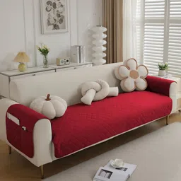 HOKIPO Red 3 Seater Sofa Seat Mat & 2 Armrest Covers With Pockets image 2