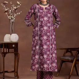 Libas Women Floral Printed Panelled Pure Cotton Kurta with Trousers image 3