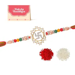 Voylla Radiant Swastika American Diamond Studded & Beaded Thread Rakhi image 5