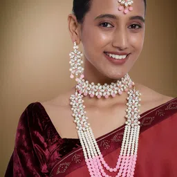 Peora Pink & White Gold-Plated Kundan & Faux Pearls Embellished Jewellery Set-picture-34