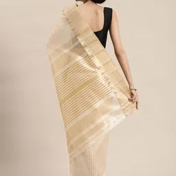 KALINI Cream-Coloured & Golden  Striped Zari Silk Cotton Solid Saree image 2