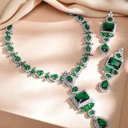 Rubans Rhodium-Plated Emerald Green & White Cubic Zirconia Studded Luxe Jewellery Set image 4