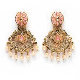 ADIVA Antique Gold-Plated Stone-Studded & Pearl Beaded Crescent Shaped Drop Earrings image 2