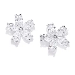 Carlton London Silver-Toned Rhodium-Plated CZ Studded Floral Studs image 4