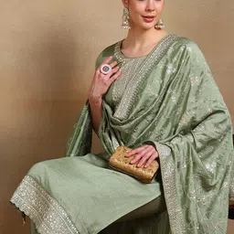 KALINI Ethnic Motifs Embroidered Round Neck Sequinned Kurta With Trouser & Dupatta-picture-19