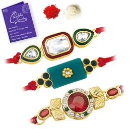 Sukkhi Rakhi Men Set Of 3 Gold-Plated & Red Stone-Studded & Beaded Rakhi With Roli Chawal & Raksha Bandhan Greeting Card image 5