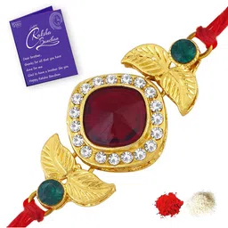 Sukkhi Rakhi Men Gold-Plated Maroon & White Stone-Studded Rakhi With Roli Chawal & Greeting Card image 2