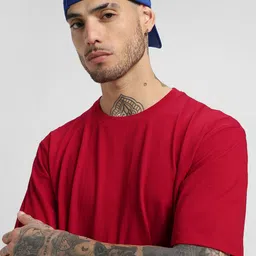 VEIRDO Red Drop-Shoulder Sleeves Pure Cotton Oversized T-shirt image 4