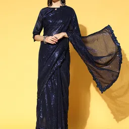 Mitera Navy Blue Embellished Sequinned Pure Georgette Heavy Work Saree image 5