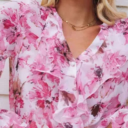 Stylecast X Slyck Floral Printed Mandarin Collar Ruffled Sleeve Top image 5