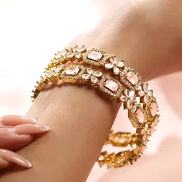 Rubans Set of 2 18K Gold-Plated Pastel Pink & White Zirconia Studded Floral Bangles image 4