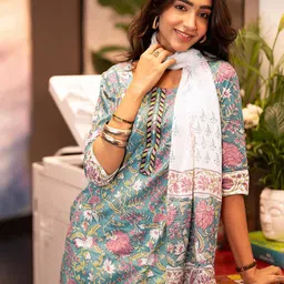 Libas Blue Floral Printed Sequinned Straight Kurta With Salwar And Dupatta image 4