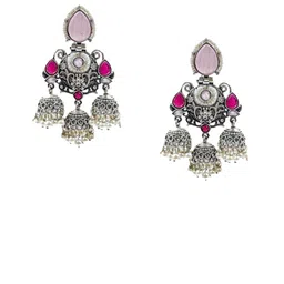 NAMAN ARTS Silver-Plated Artificial Stones Studded And Beaded Dome Shaped Drop Earrings image 4
