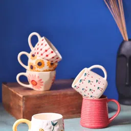 WEAVING HOMES Red & White 6 Pieces Printed Ceramic Glossy Mugs image 3