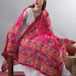 Exotic India Fuchsia Hand-Embroidered Florals and Mirrors Pure Cotton Dupatta image 4