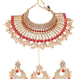 Swarajshop Gold-Plated & Red Kundan Studded Beaded Jewellery Set image 5