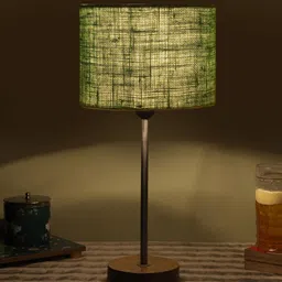 Devansh Green Textured Cylinder Shaped Wooden Contemporary Table Lamp image 2