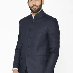 Wintage Men Blue Solid Tailored-Fit Linen Bandhgala Blazer image 5