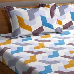 Arrabi White & Blue Geometric 300 TC King Size Fitted Bedsheet with 2 Pillow Covers image 2