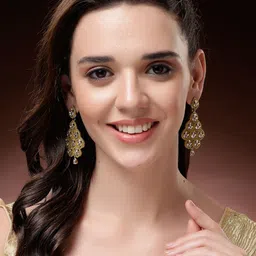 ADIVA Gold-Plated Kundan Studded Contemporary Shaped Drop Earrings image 4