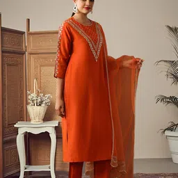 FABIAN FASHION Floral Yoke Design Sequnnied Straight Kurta With Trousers & Dupatta image 3