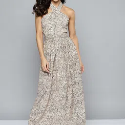 HERE&NOW Beige & Black Animal Print Tie-Up Neck A-Line Maxi Dress image 3