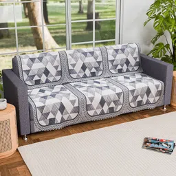 Kuber Industries White & Grey Set Of 2 Geometric Printed 3-Seater Sofa Covers image 1