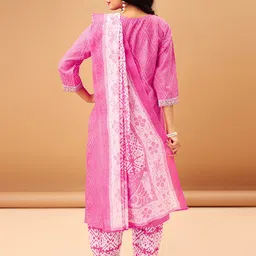 TRAHIMAM Women Embroidered Regular Pure Cotton Kurti with Trousers & With Dupatta image 3