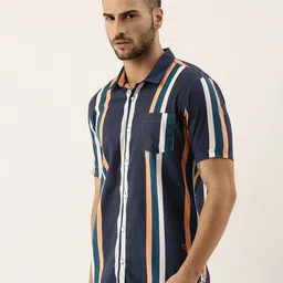 Campus Sutra Men Navy Blue & Peach-Coloured Cotton Striped Casual Shirt image 3