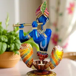 Golden Peacock Yellow-Blue Handpainted T-light Krishna Candle Holder-image-70