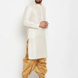 SOJANYA Men Off-White & Gold-Toned Solid Kurta with Dhoti Pants image 2
