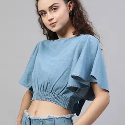 STREET 9 Blue Solid Flared Sleeves Indigo Pure Cotton Denim Styled Back Crop Top image 4